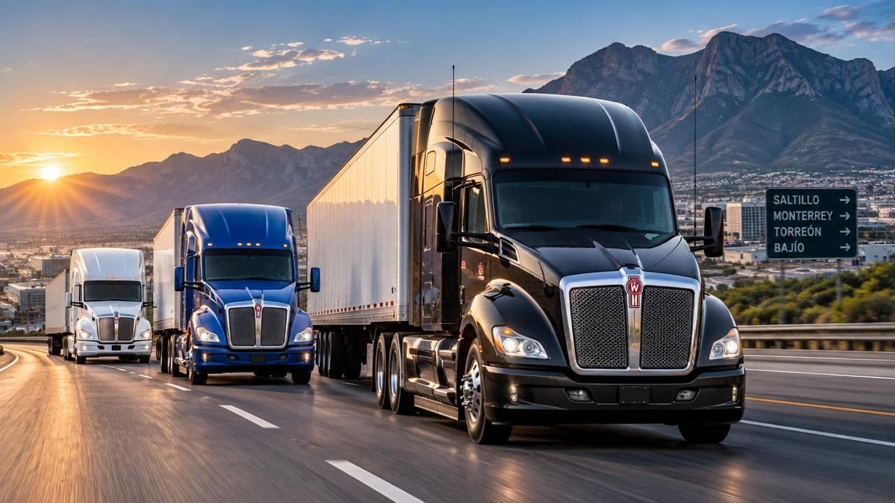 Tres tractocamiones Kenworth circulando por carretera al amanecer, junto a un señalamiento hacia Saltillo, Monterrey, Torreón y el Bajío